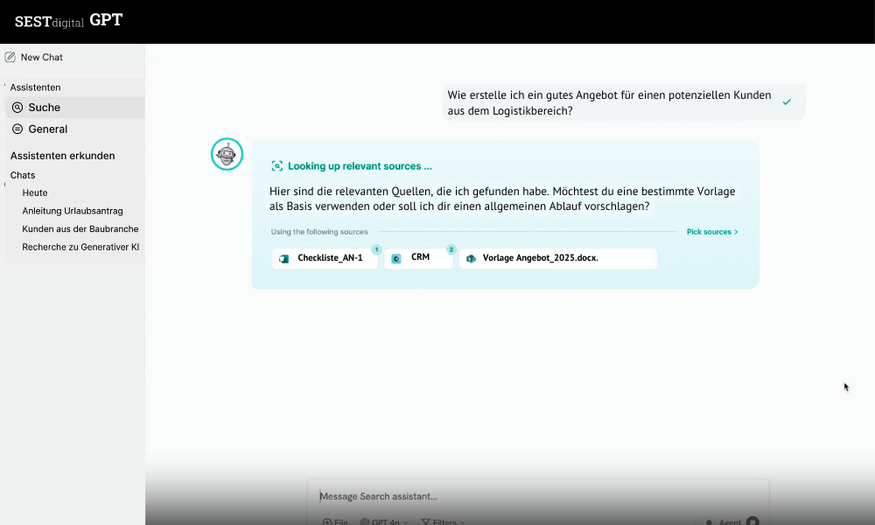 Screenshot der Nutzeroberfläche von SEST-GPT, dem FirmenGPT mit einer Nutzerfrage zur Angebotserstellung.