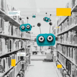 Prompt-Library symbolisiert durch eine große Bibliothek mit kleinen KI-Elementen, die darauf zugreifen