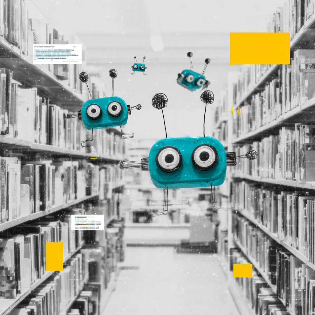 Prompt-Library symbolisiert durch eine große Bibliothek mit kleinen KI-Elementen, die darauf zugreifen