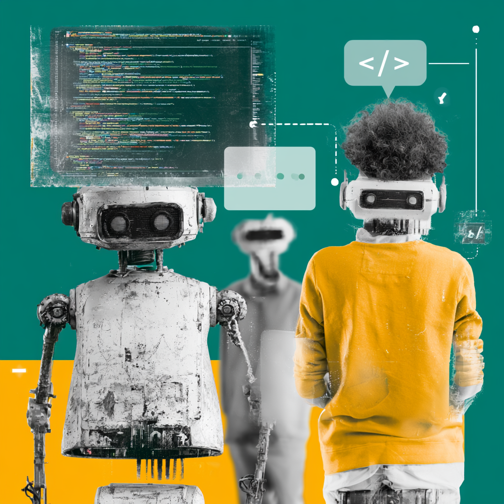 vibe coding illustriert durch roboter, die KI-Code erstellen