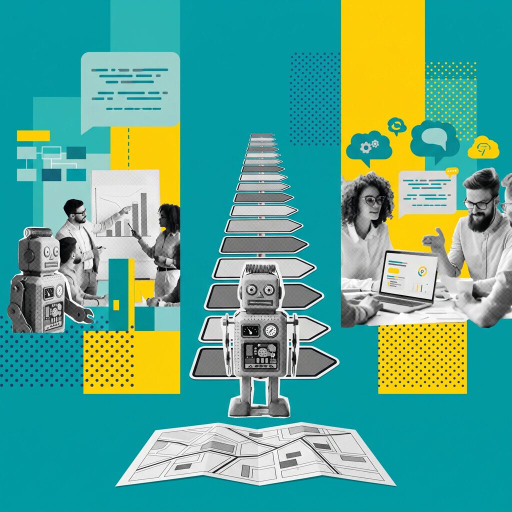 o Funktioniert Ki Strategie Workshop — SESTdigital, Ein Blechroboter steht am Anfang einer langen, flachen Straße aus gestapelten Wegweiser-Schildern, die in eine einzige Richtung zeigen. Vor ihm liegt ein aufgeklappter Lageplan, der auf dem Boden ausgebreitet ist.