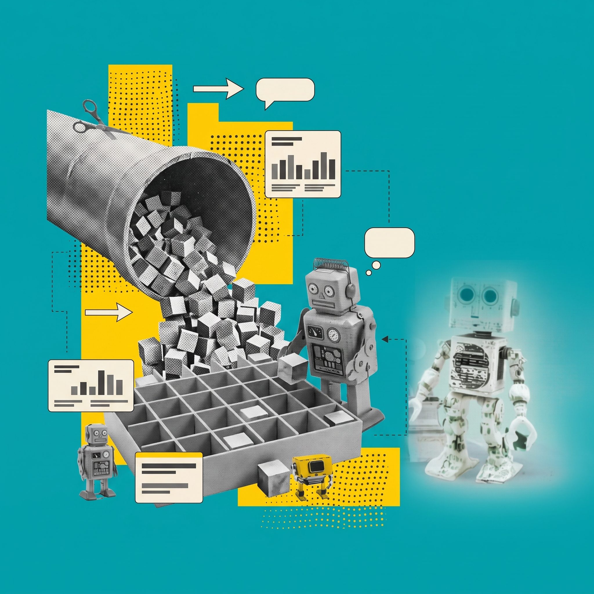 Ein aufgesägtes, übergroßes Industrierohr, aus dem ein dichter Strom kleiner grauer Datenwürfel die Big Data symbolisieren quillt