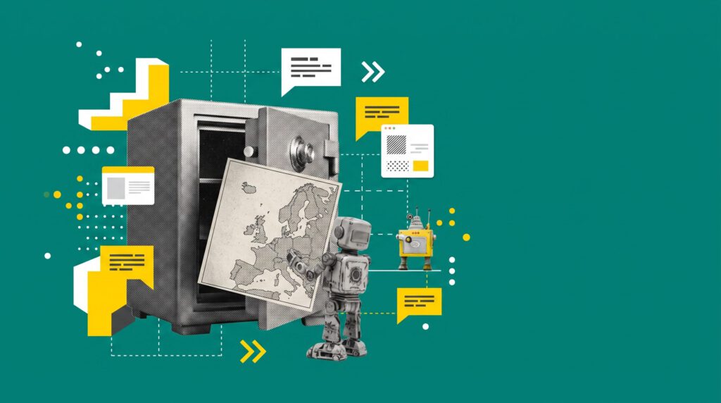 Blechroboter hält eine Europakarte schützend vor einen geöffneten Tresor