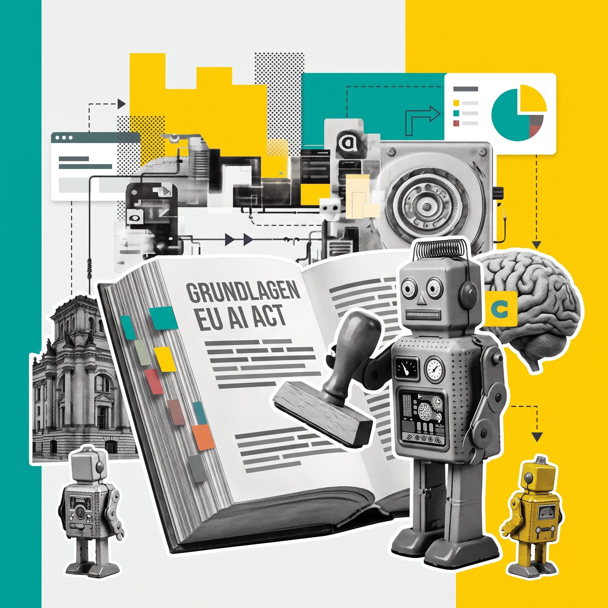 Blechroboter hält einen Stempel über ein aufgeschlagenes Gesetzbuch mit farbigen Registern