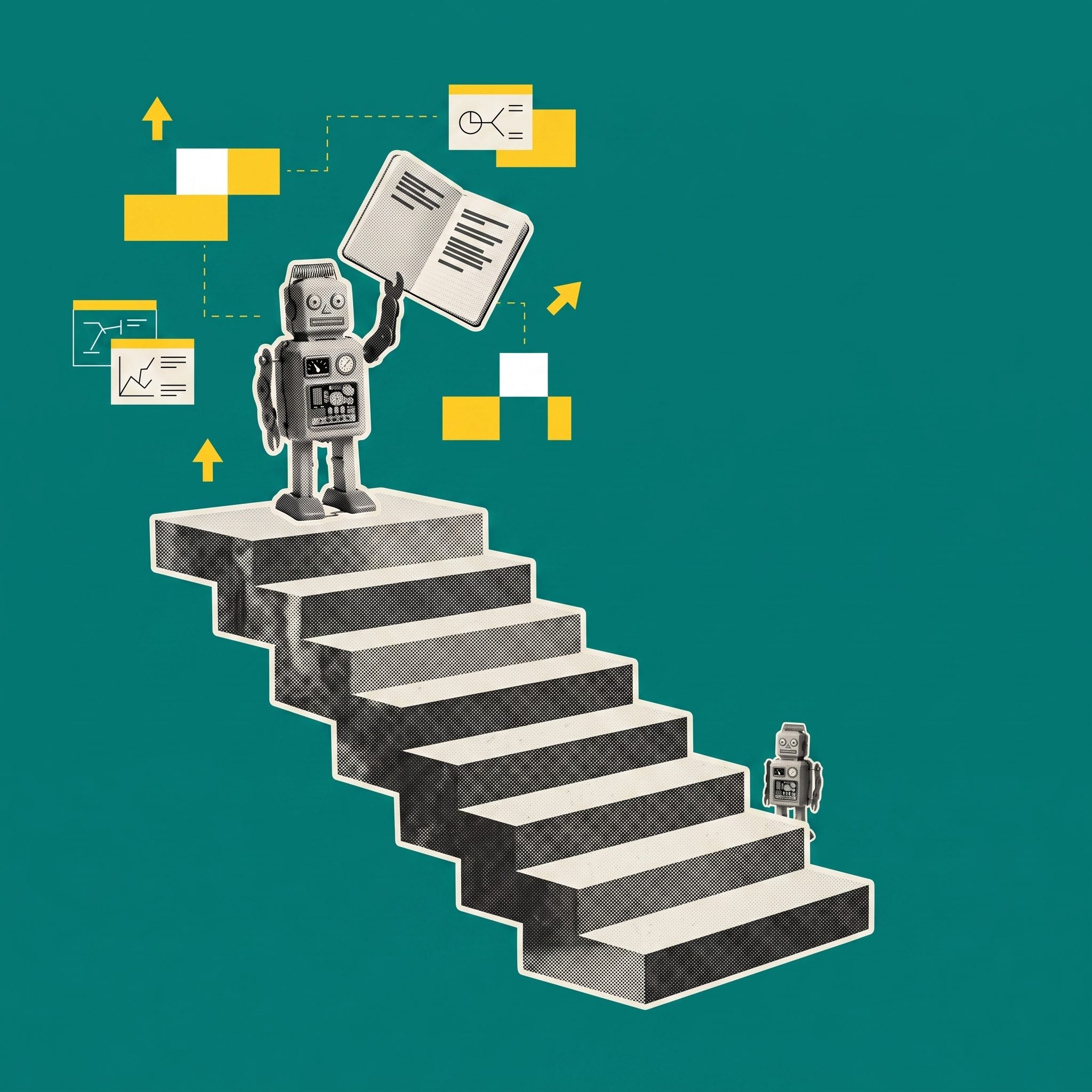 Blechroboter hält ein Notizbuch am Ende einer achtstufigen Treppe in die Höhe
