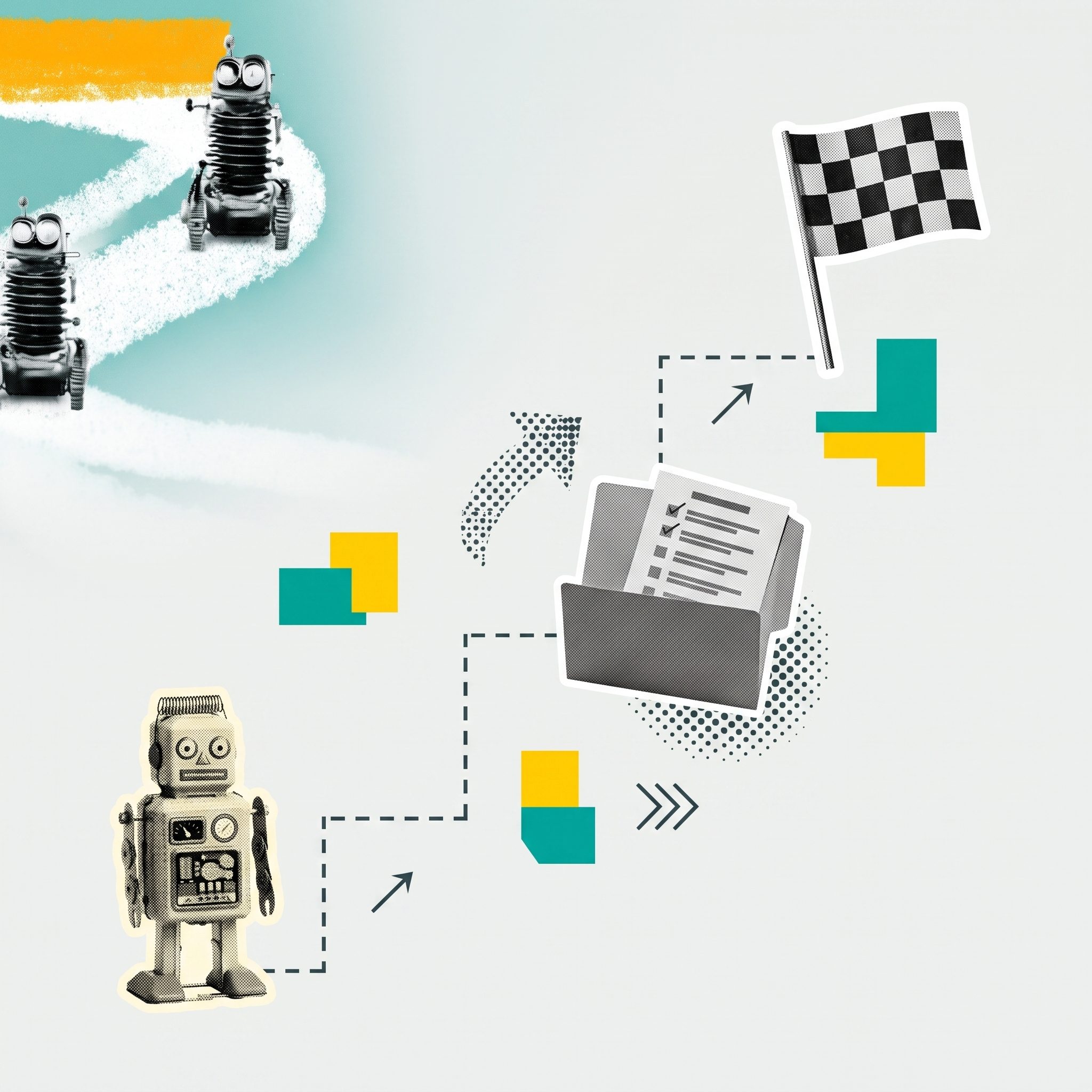Blechroboter steht vor einem Schalter am Beginn einer gestrichelten Linie, die ein KI-Pilotprojekt symbolisiert