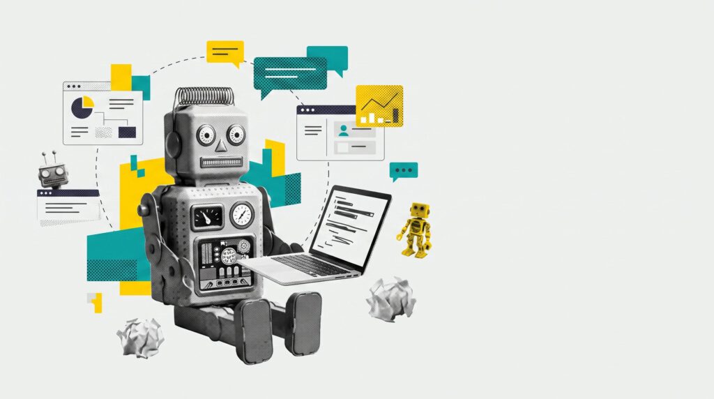 Blechroboter tippt locker an einem Laptop, daneben zwei zerknüllte Papierkügelchen