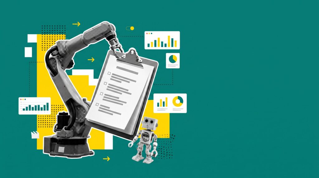Industrieroboterarm hält ein Klemmbrett, daneben ein kleiner Blechroboter