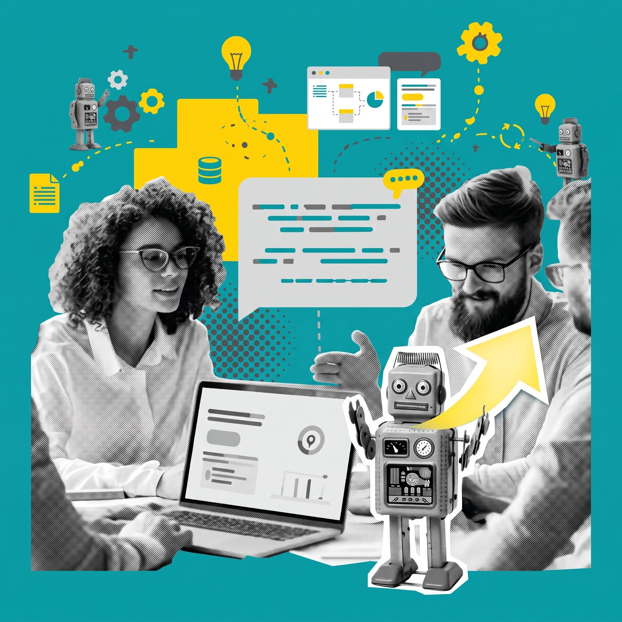Team an Laptops baut gemeinsam einen Workflow, daneben ein kleiner Blechroboter mit Pfeil